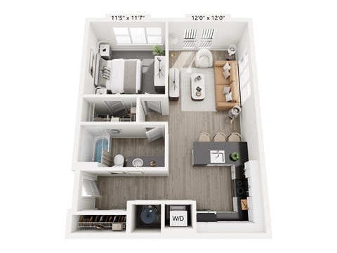 Floor plan for 1 bed, 1 bath, 742 sqft